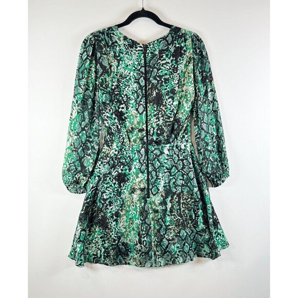 Alice Olivia Dress Green Rita Silk Mini Fit Flare Snakeskin V Neck A Line Size 4 - Picture 3 of 13